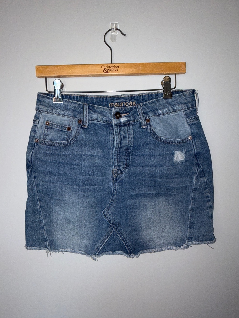 Maurices Light Blue Denim Mini Skirt with Frayed Hem Size 1/2